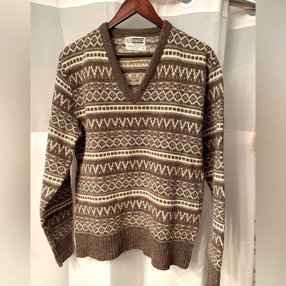 STETSON Virgin Wool V- Neck Knit Fair Isle / Nordic Sweater sz L XL Made In USA
